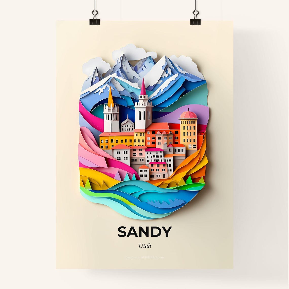 Sandy Utah Snowcapped Mountain Town Colorful 3D Paper Cut Art Poster - Image 4