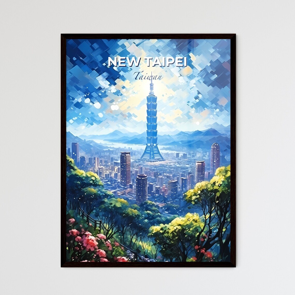 New Taipei Taiwan Skyline Pagoda Tower Blue Travel Art Poster