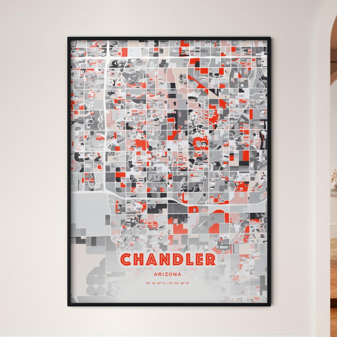 Chandler Arizona Expressive Red Bold Modern City Map Art Poster