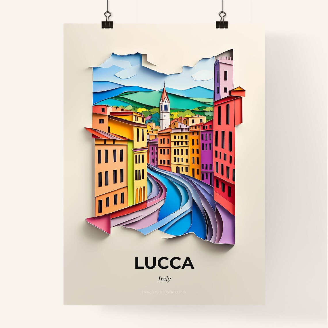 Lucca Italy Colorful Paper Cut Riverside Old Town Travel Poster - Image 4
