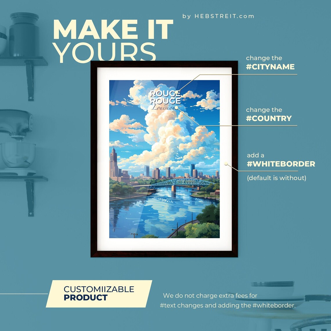 Baton Rouge Louisiana Skyline Travel Poster With River Bridge And Big Clouds - Image 2