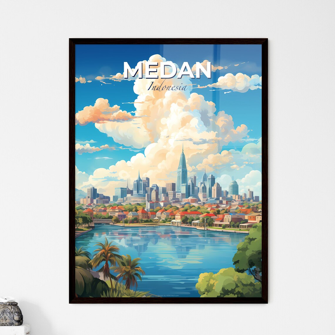 Medan Indonesia Skyline Travel Poster Vibrant Cityscape River Art