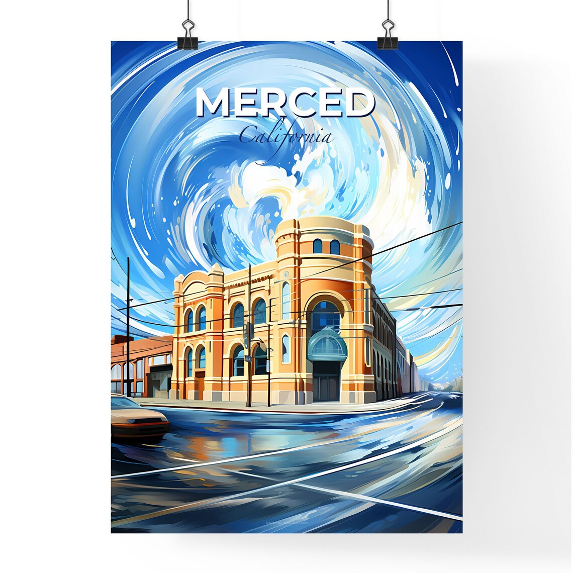 Merced California Historic Building Travel Poster Swirling Sky Art - Image 4