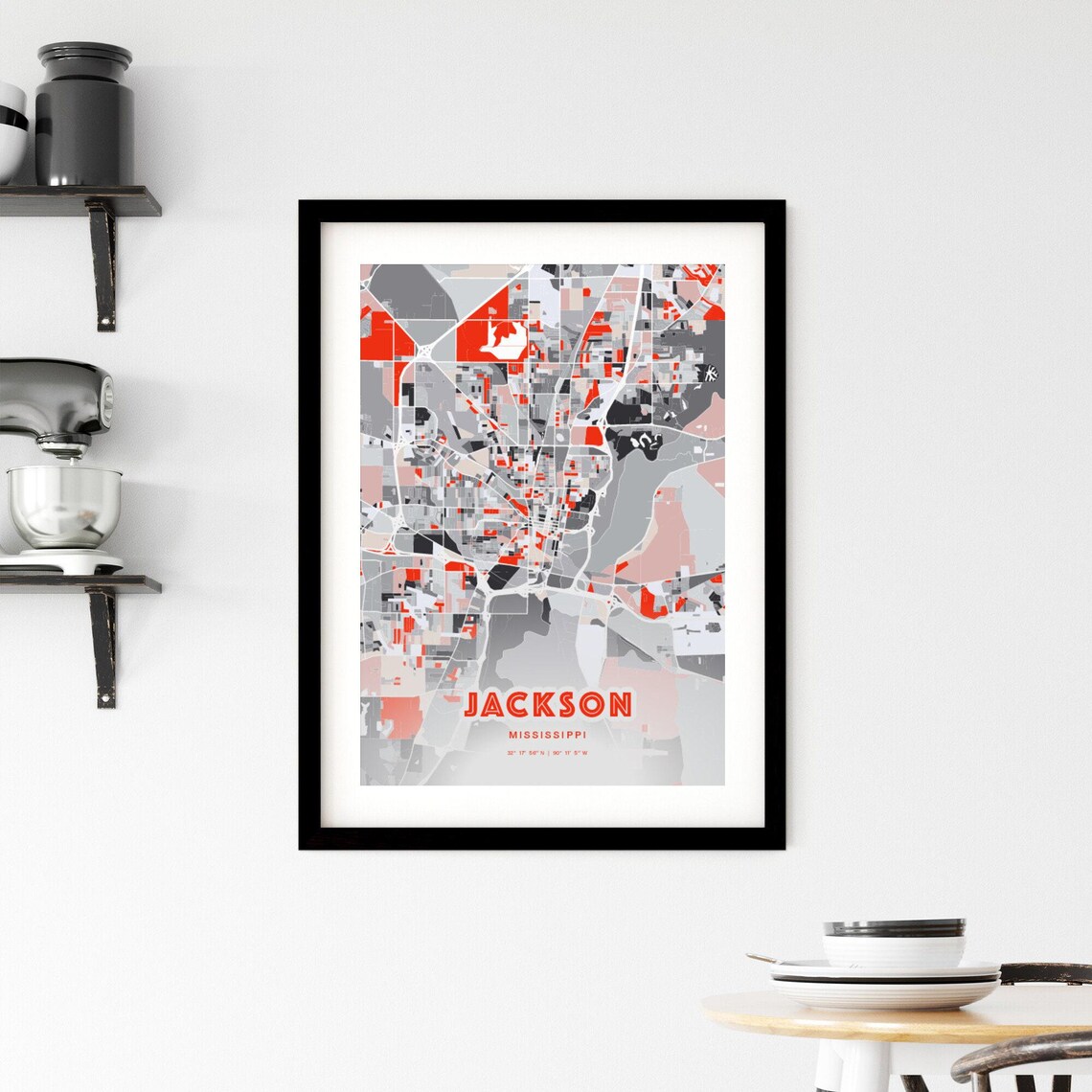 Jackson Mississippi Modern Red Expressive City Map Poster with Coordinates - Image 2