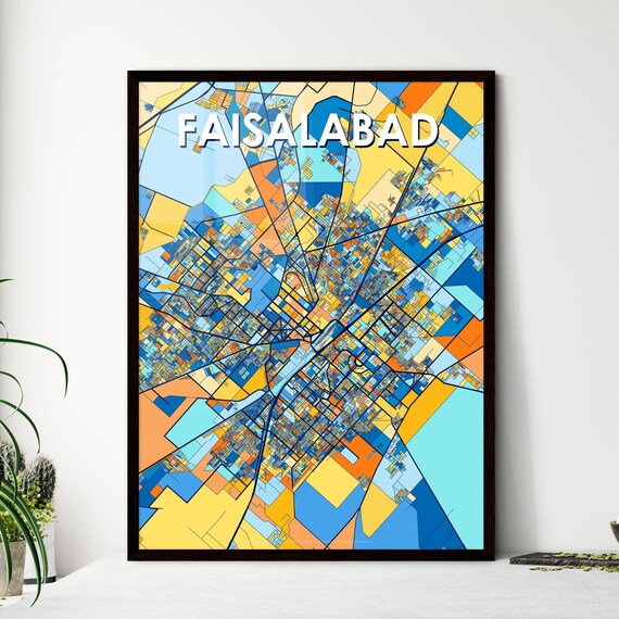 Faisalabad Pakistan Stylish Vibrant Blue and Orange Mosaic City Map Poster