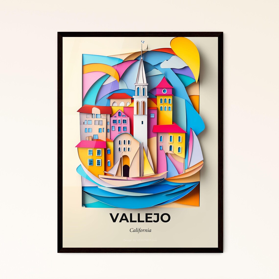 Vallejo California Waterfront Town Sailboats Paper Cut Poster