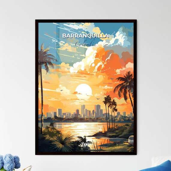 Barranquilla Colombia Sunset Palms Skyline Tropical Travel Poster