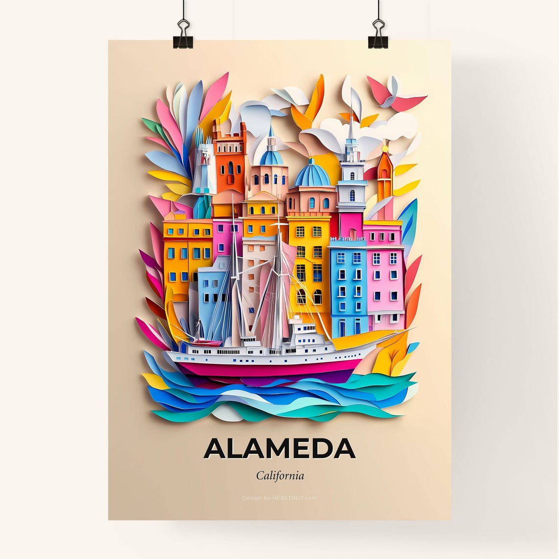 Alameda California Harbor Ship Colorful Paper Cut Art Poster - Image 4