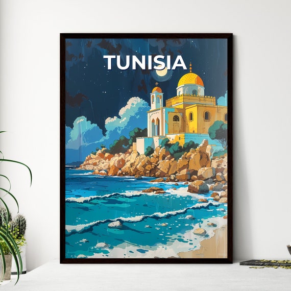 Vibrant Abstract Art Rocky Beach Building Tunisia Africa Travel Destinations Customizable