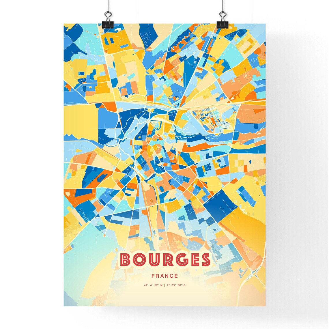 Bourges France Modern Geometric Blue Orange City Map Art Poster - Image 3