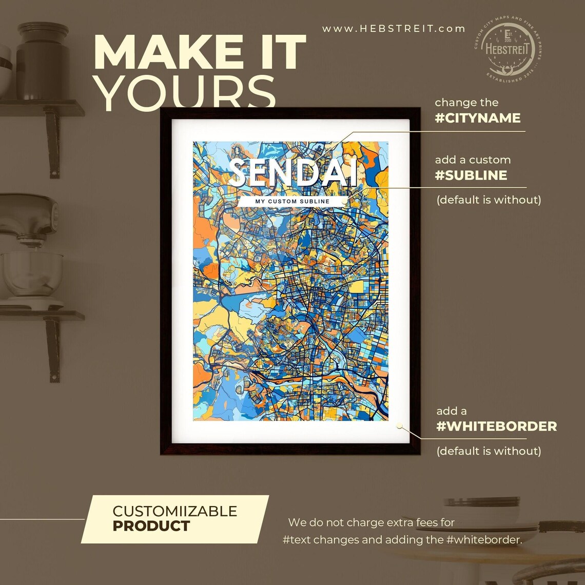 Sendai Japan Stylish Vibrant Blue and Orange Mosaic City Map Poster - Image 2