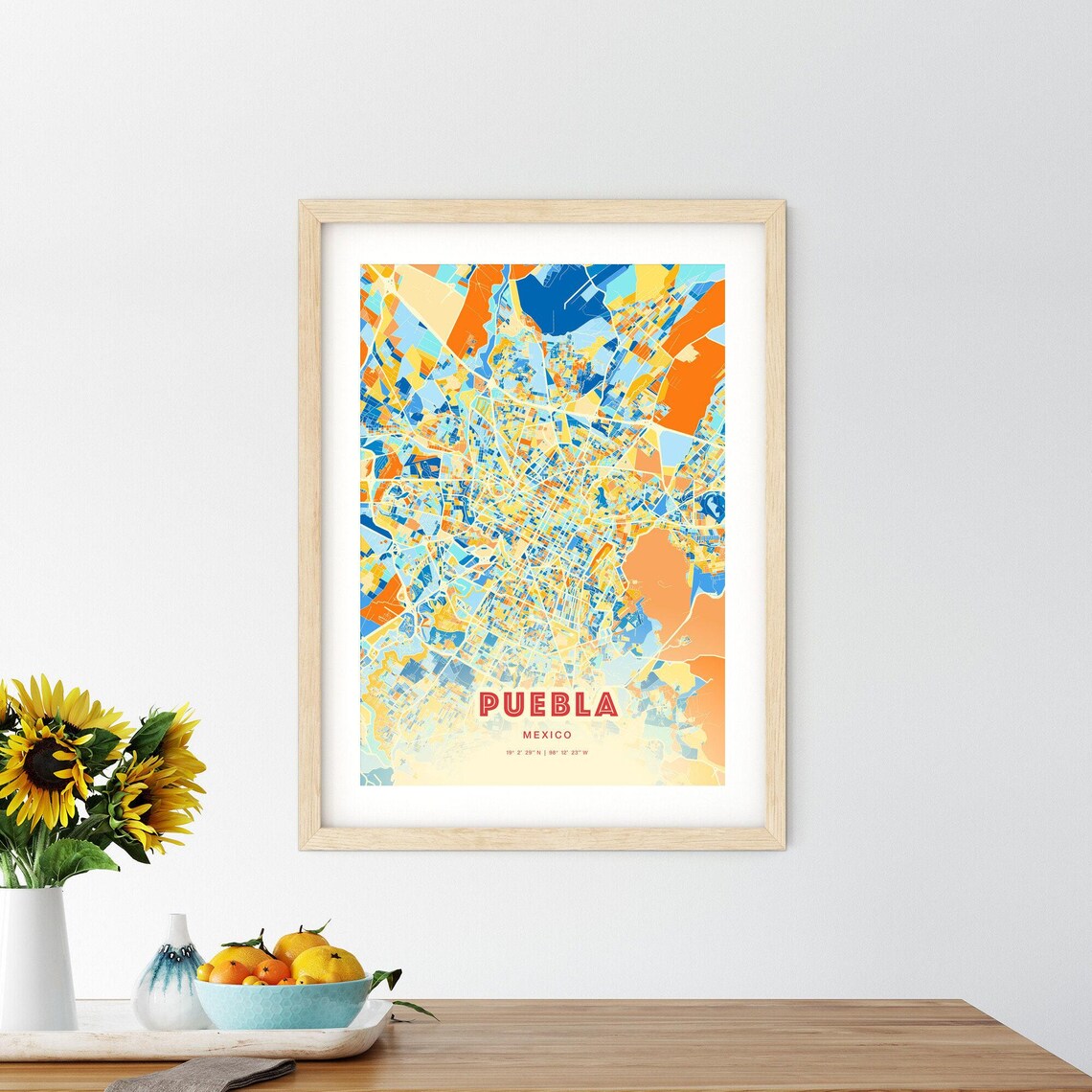 Puebla Mexico Colorful Blue Orange City Street Map Coordinates Poster - Image 2
