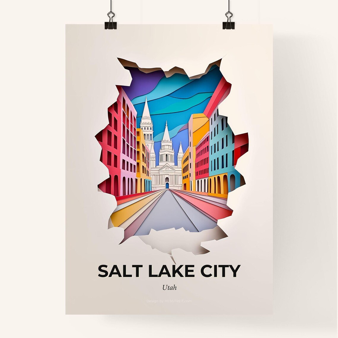 Salt Lake City Utah Colorful Paper Cut Street Temple Travel Poster - Image 4