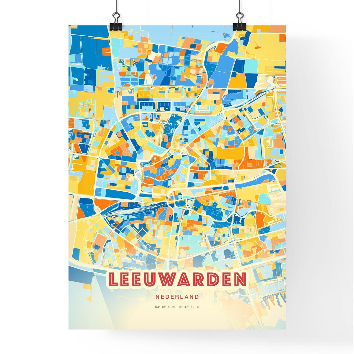 Leeuwarden Netherlands Blue Orange Colorful City Map Art Poster With Coordinates - Image 3