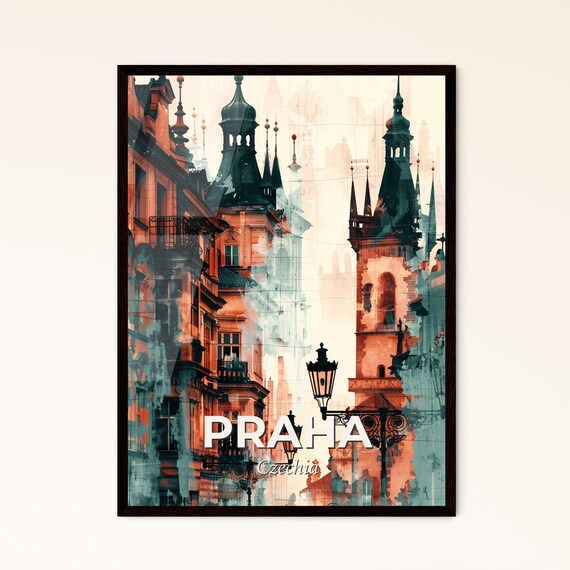 Praha Czechia Gothic Old Town Towers Street Watercolor Art Poster