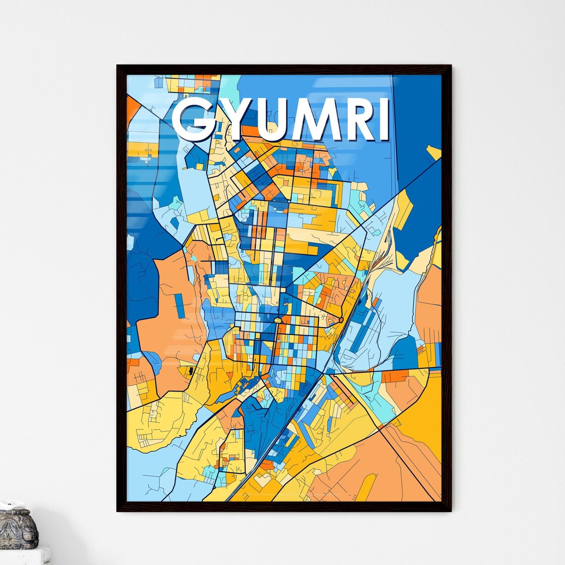 Gyumri Armenia Vibrant Geometric City Map Art Poster in Blue and Orange