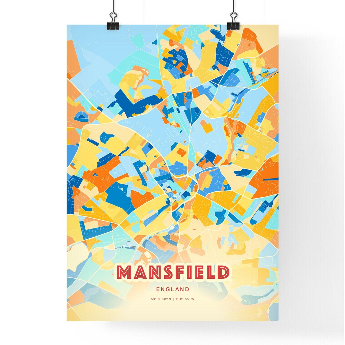 Bold Blue Orange Street Map Art Poster of Mansfield England City - Image 3