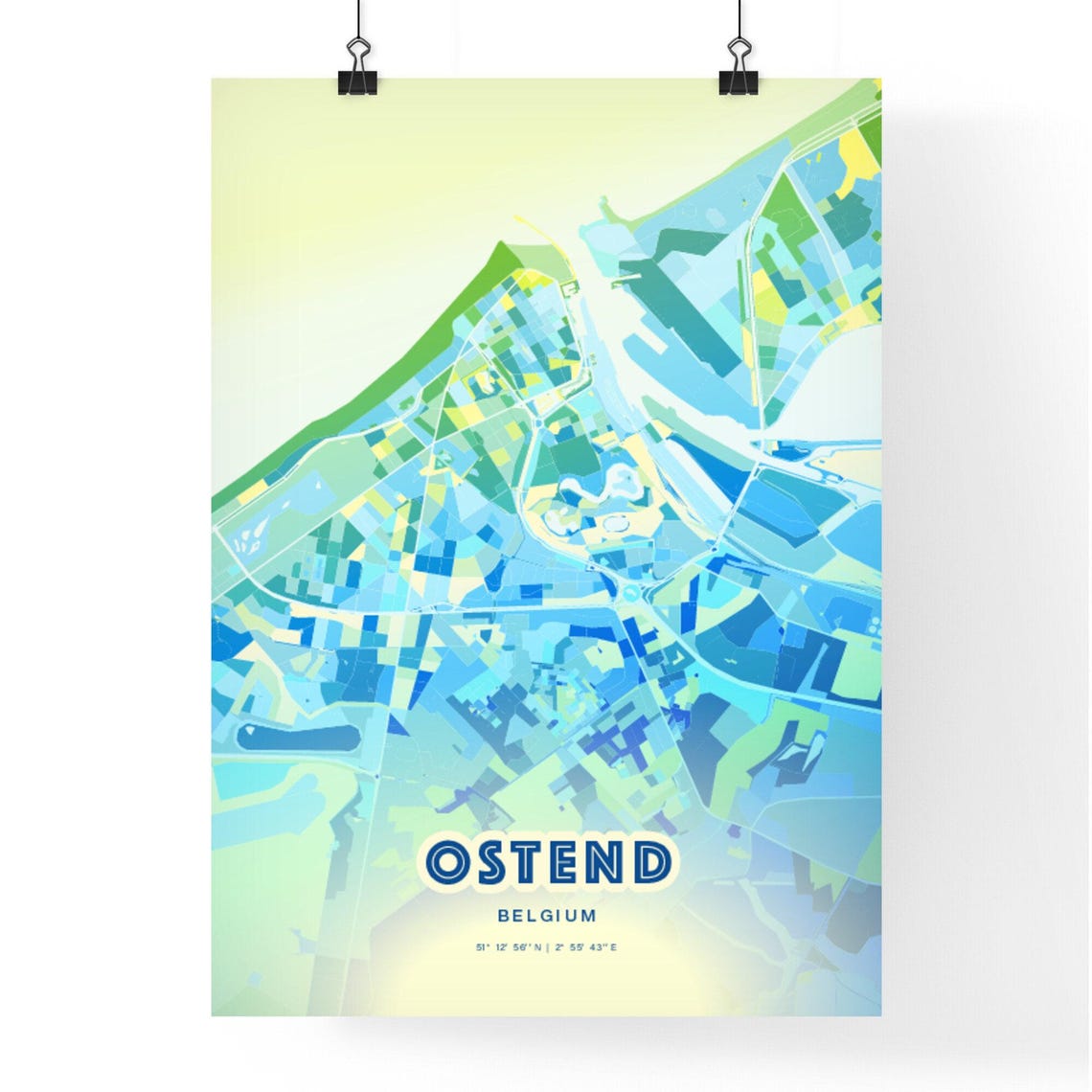 Ostend Belgium Personalized Bluish Art City Map Coordinates Poster - Image 2