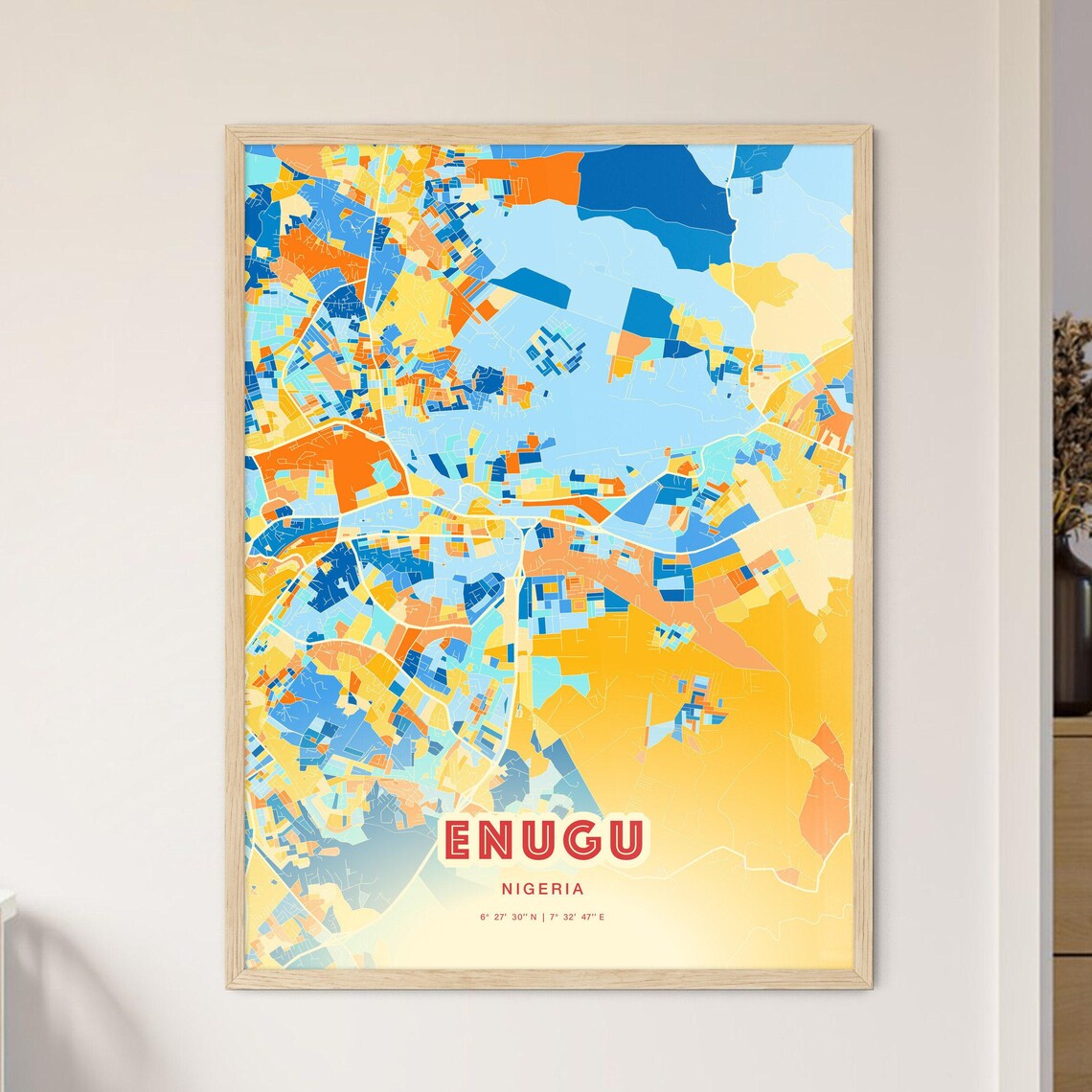 Enugu Nigeria Colorful Modern City Map Art Blue Orange Geometric Map Poster