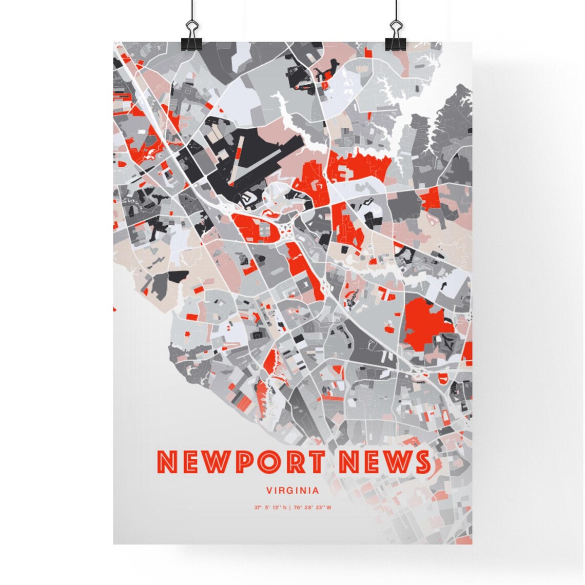 Newport News Virginia Modern Red Expressive City Map Art Poster - Image 3
