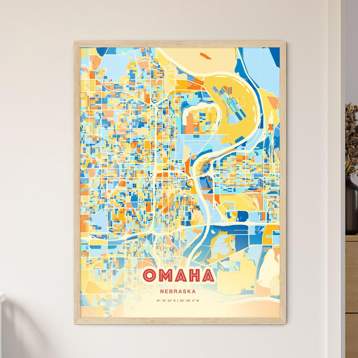 Omaha Nebraska Colorful Blue Orange City Street Map Coordinates Poster