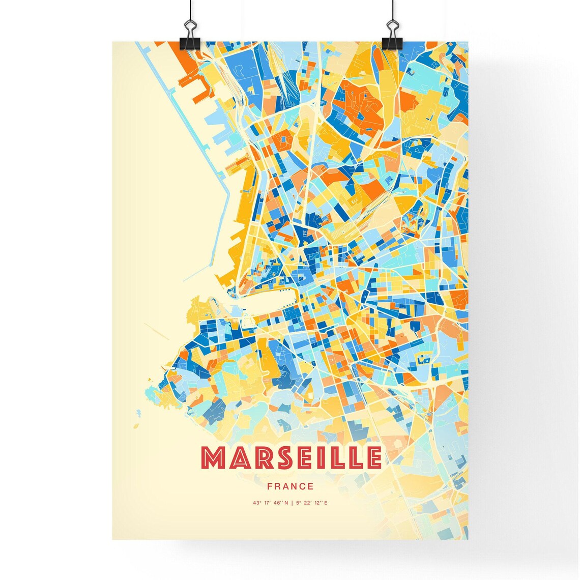 Marseille France Blue Orange Colorful Coastal City Map Art Poster - Image 3