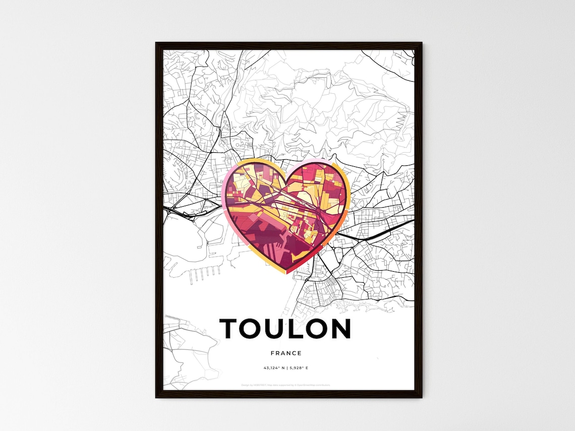 Toulon France City Modern Minimalist Heart Street Map Art Poster