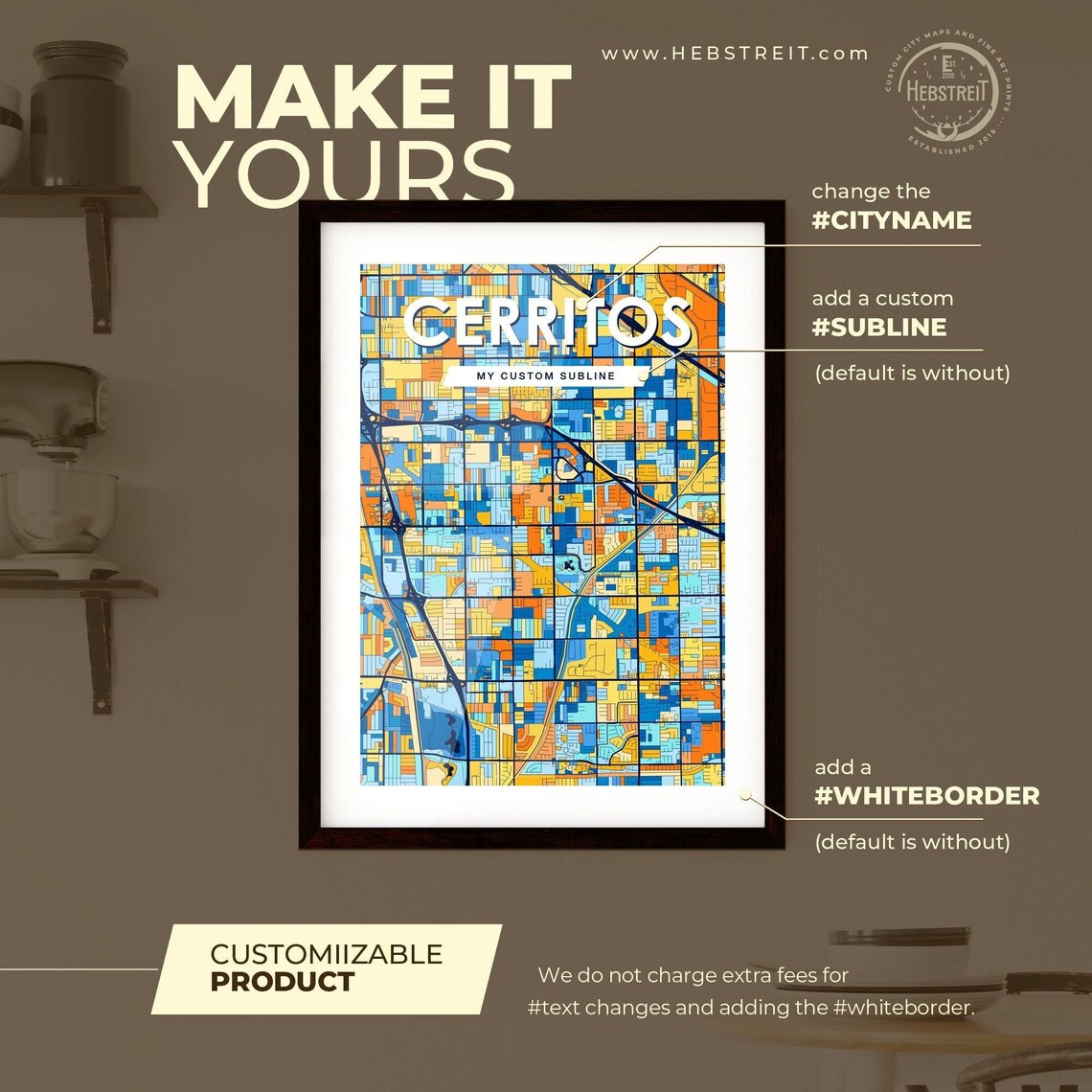 Cerritos California Vibrant Colorful Illustrated Street Map Art Poster - Image 2