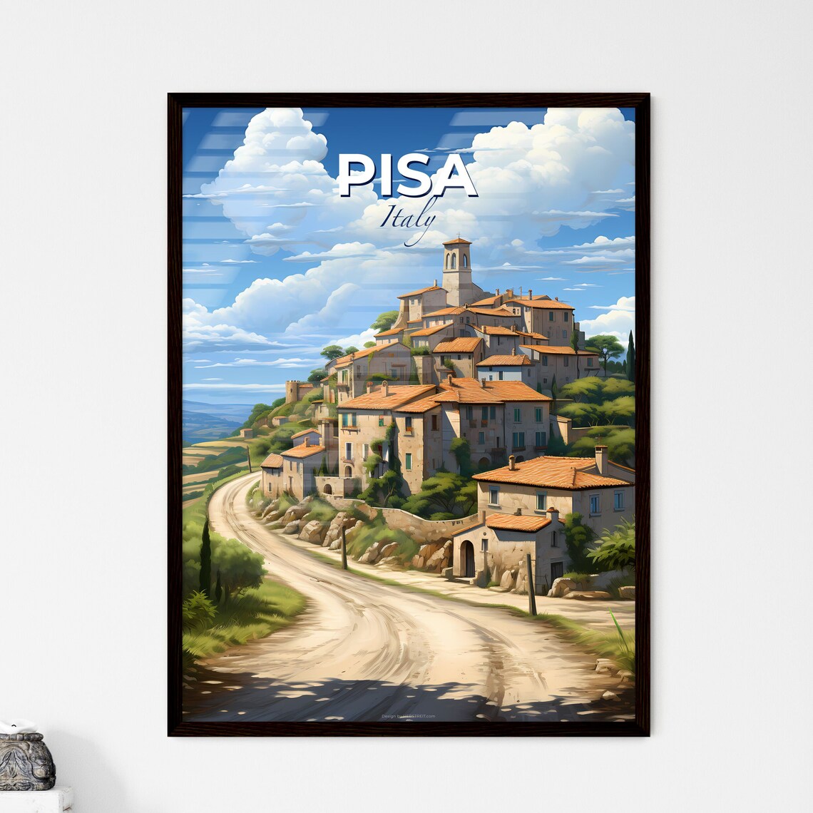 Pisa Italy Hilltop Village Bell Tower Winding Road Travel Poster