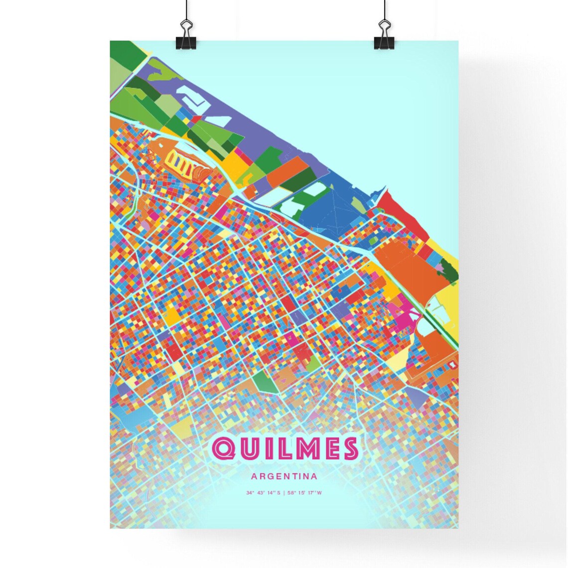 Quilmes Argentina Bold Crazy Colorful Mosaic City Map Poster - Image 3