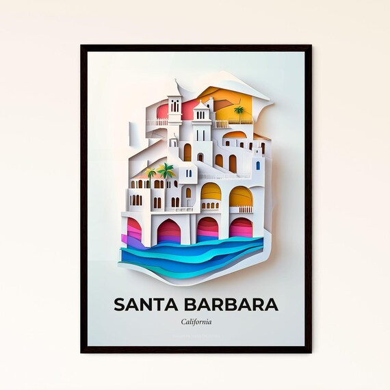 Santa Barbara California Paper Cut Mission Architecture Travel Poster