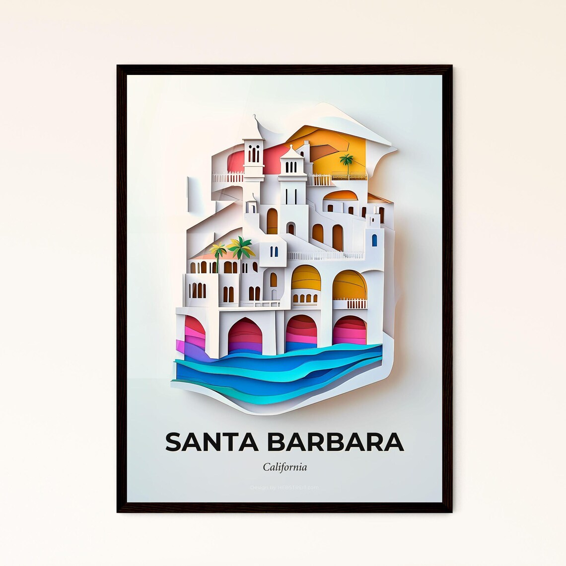 Santa Barbara California Paper Cut Mission Architecture Travel Poster
