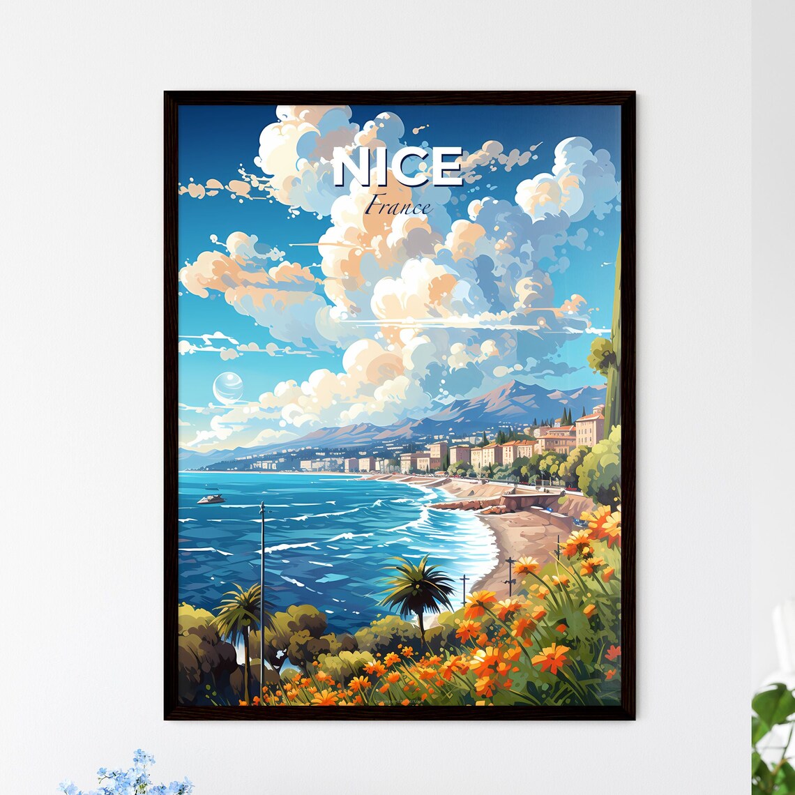 Nice France Riviera Skyline Colorful Beachfront Travel Poster