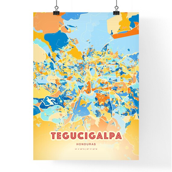 Tegucigalpa Honduras Colorful Blue and Orange Retro City Street Map Wall Art