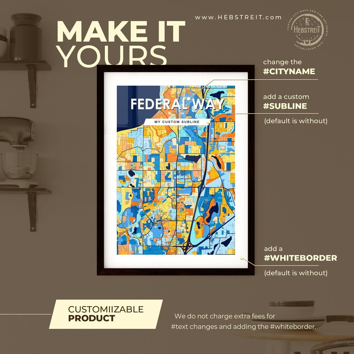 Federal Way Washington Colorful Modern City Street Map Travel Decor Poster - Image 2