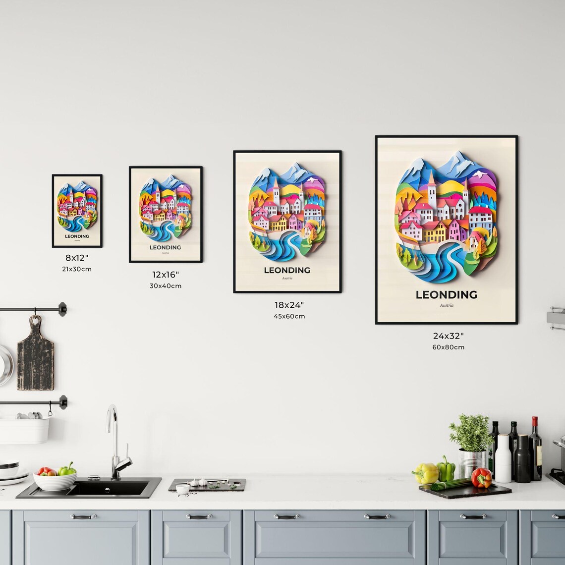 Leonding Austria Colorful Riverside Village 3D Paper Cut Art Poster - Image 3