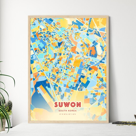 Suwon South Korea Colorful City Map Art Print with Coordinates