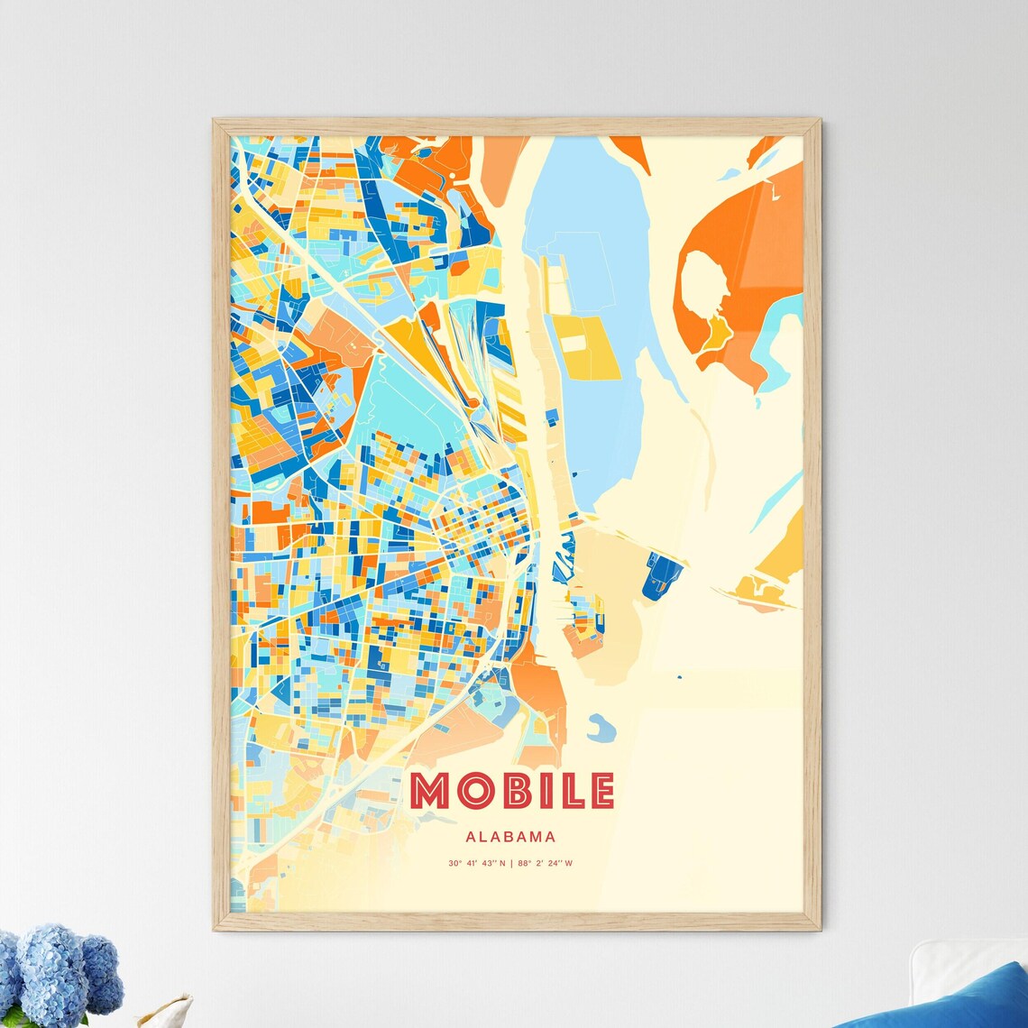 Mobile Alabama Vibrant City Map Art Poster in Orange Blue and Cream