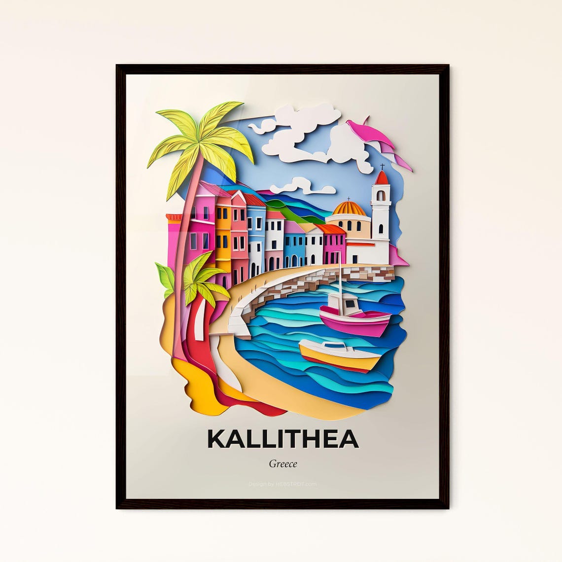 Kallithea Greece Colorful Paper Cut Harbor with Boats Poster