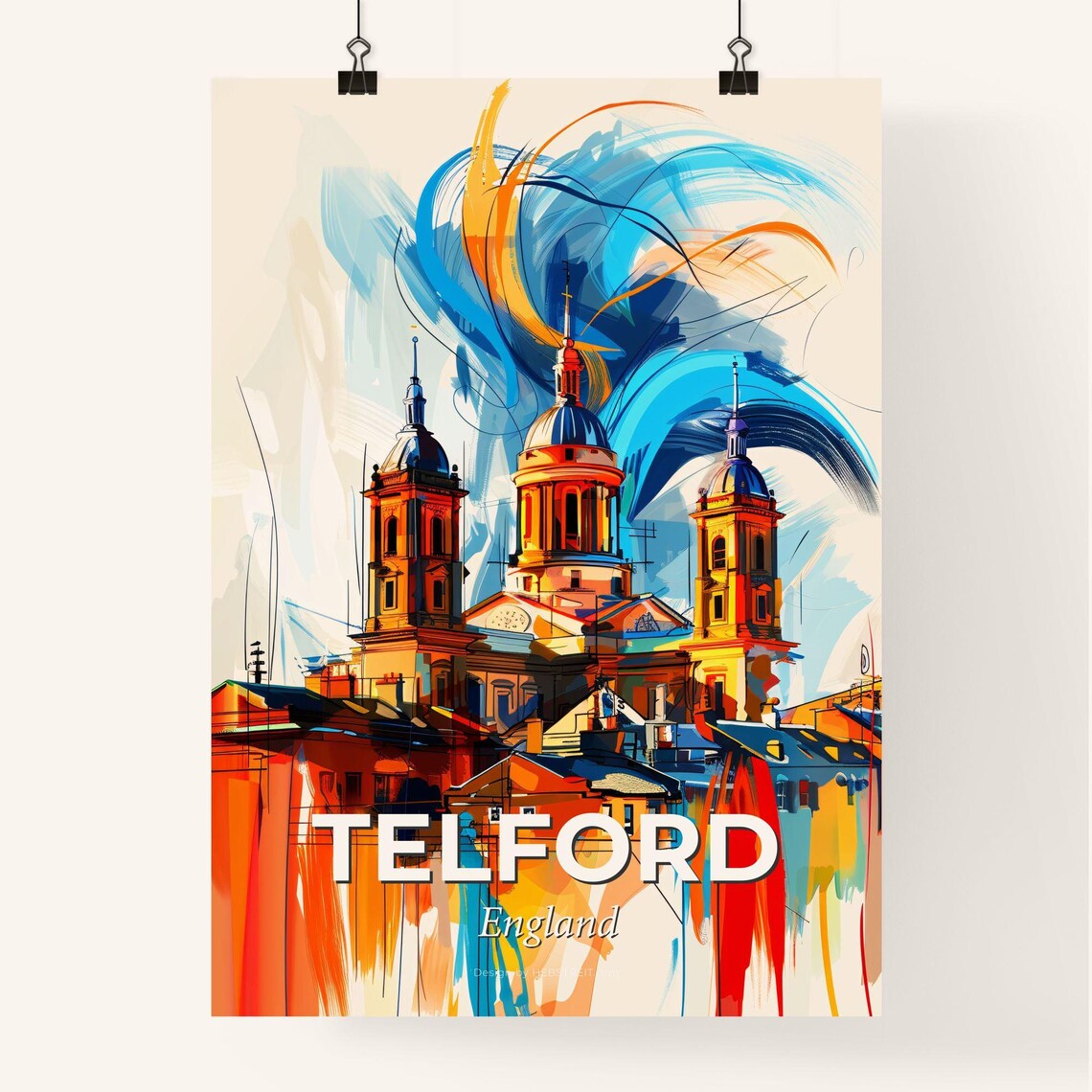 Telford England Colorful Abstract Church Towers Skyline Art Poster - Image 4