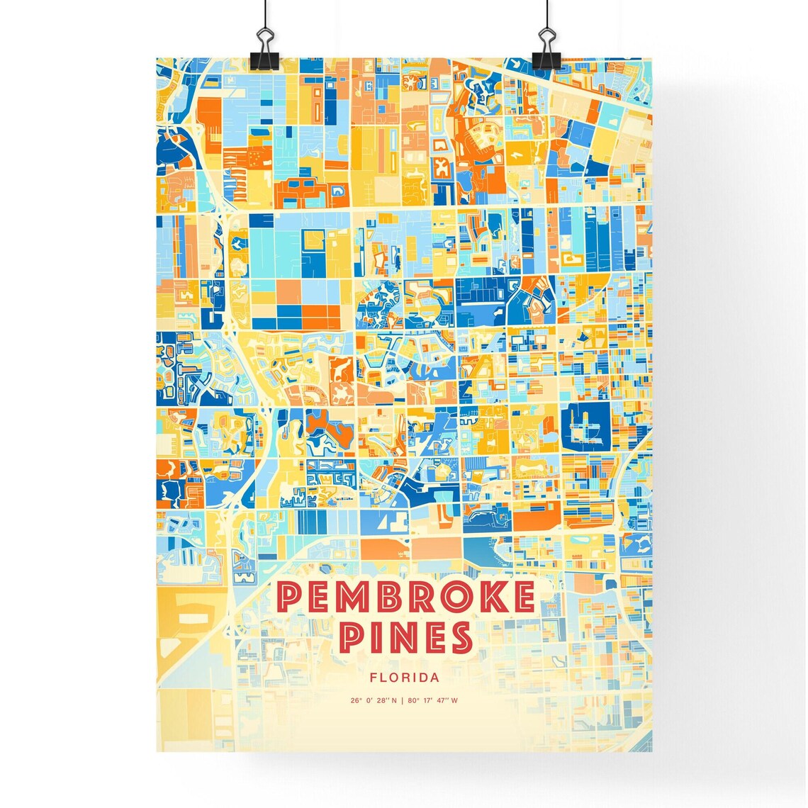 Vibrant Pembroke Pines Florida Blue Orange City Map Art Poster - Image 3
