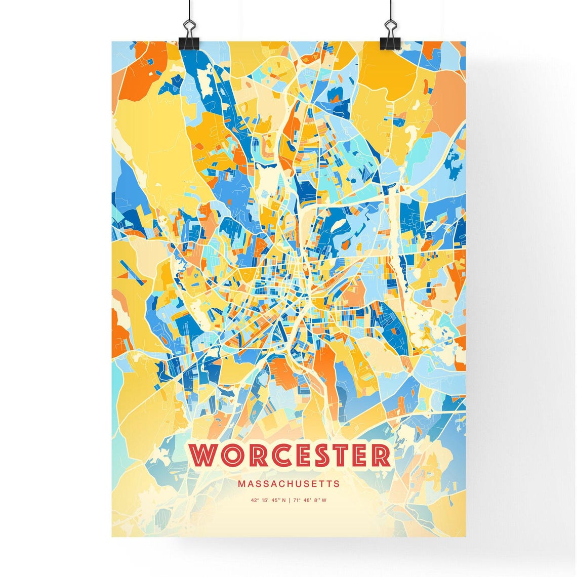 Worcester Massachusetts Colorful Blue Orange City Map Art Poster - Image 3