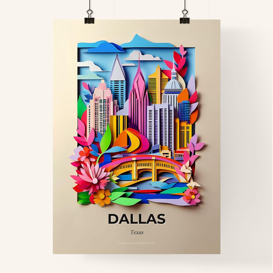 Dallas Texas Skyline Bridge Flowers Paper Cut City Travel Poster - Image 4