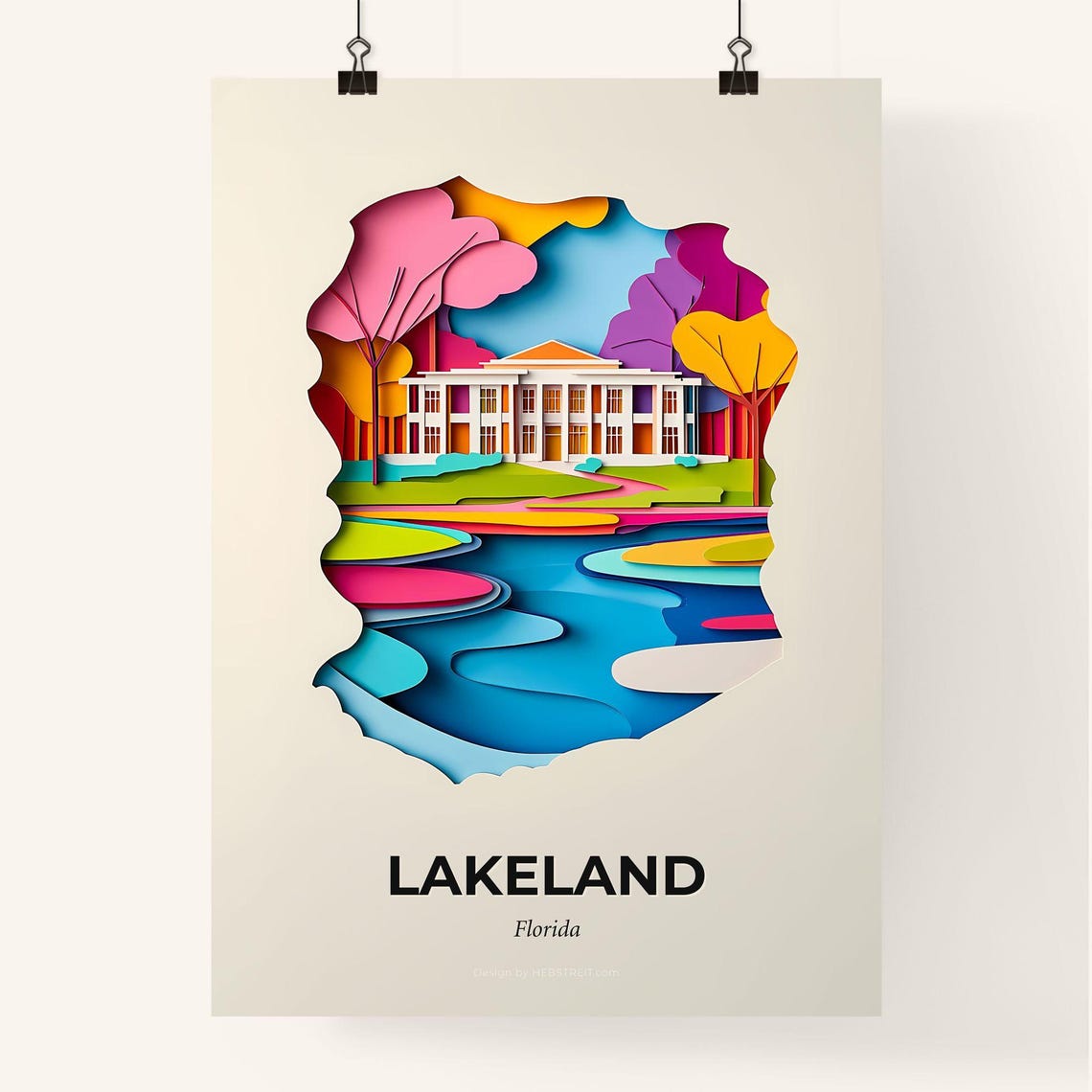 Lakeland Florida Lakeside Mansion Gardens Paper Cut Travel Poster - Image 4