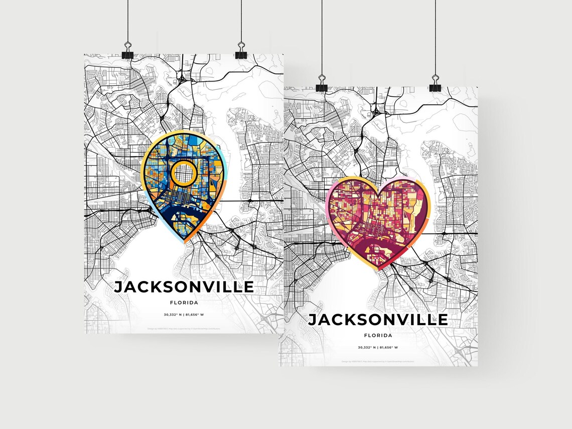 Jacksonville Florida Minimal City Map Colorful Heart Icon Art Poster - Image 2