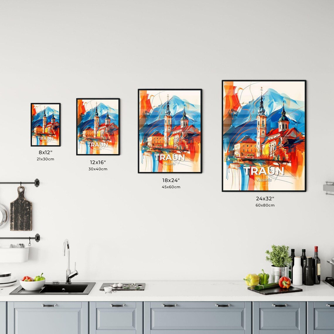 Traun Austria Colorful Abstract Church Towers Mountain Art Poster - Image 3