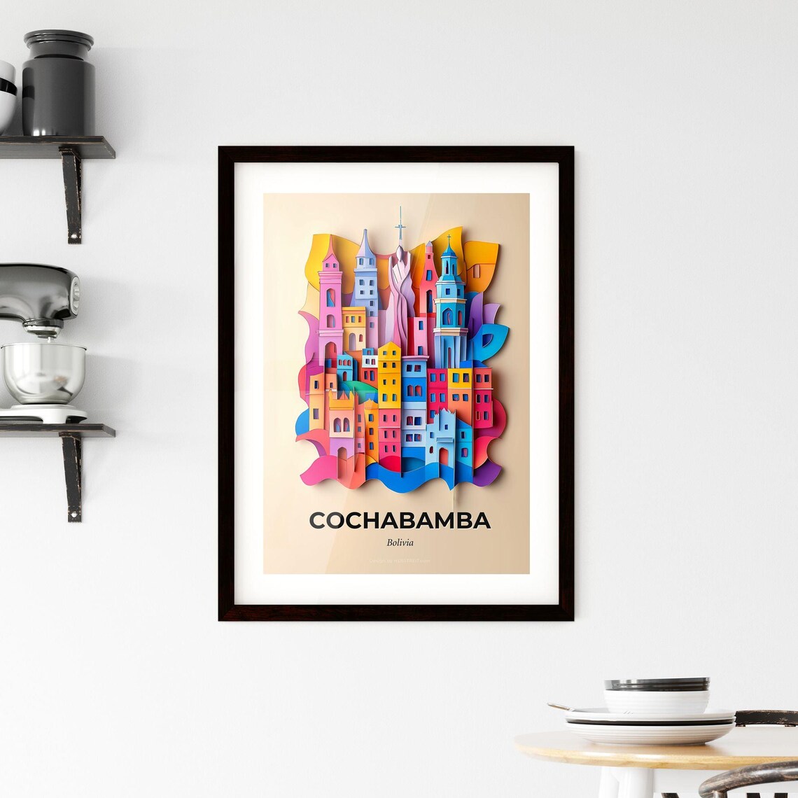 Cochabamba Bolivia Colorful Paper Cut Church Towers Scene Poster - Image 2