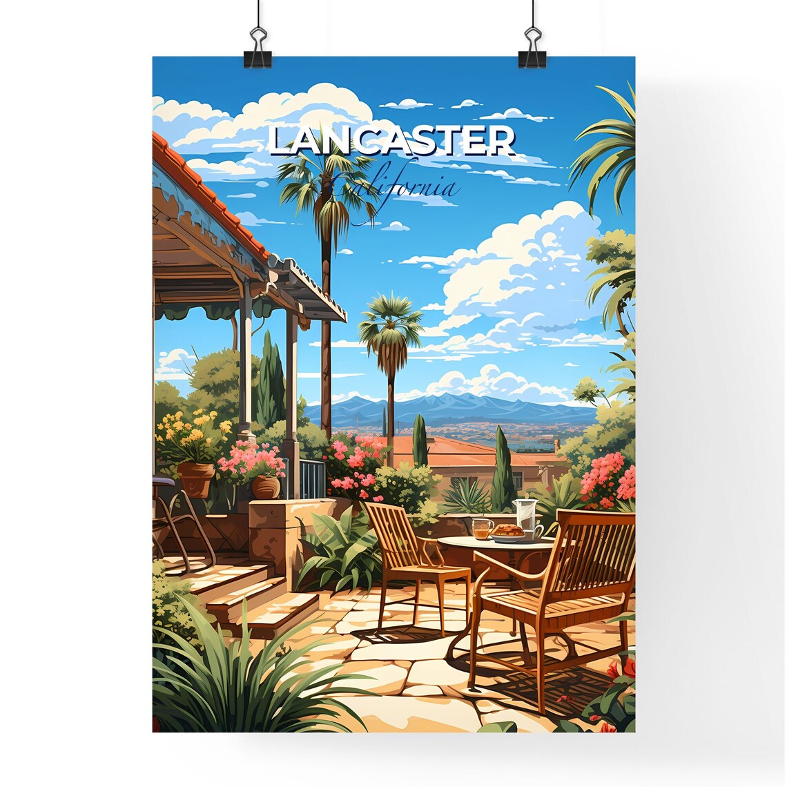 Lancaster California Sunny Patio Garden Palms Mountain View Poster - Image 4