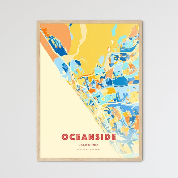 Oceanside California Colorful Blue and Orange City Map Art Poster