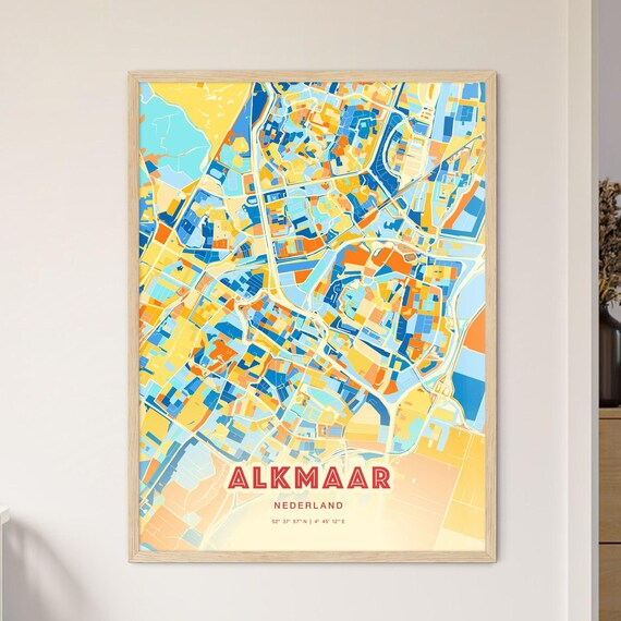 Alkmaar Netherlands Blue Orange Colorful City Map Art Poster With Coordinates